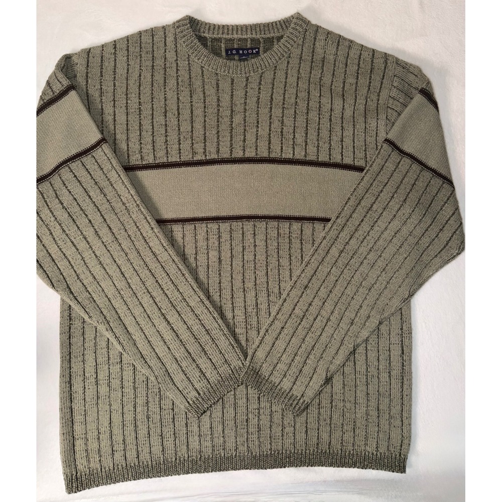 JG Hook Vintage Mens Large Green Striped Ribbed Crewneck‎ Sweater 58403 Acrylic